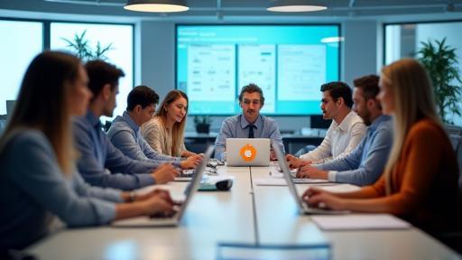 Session de formation, collaborateurs travaillant en groupe sur ordinateur